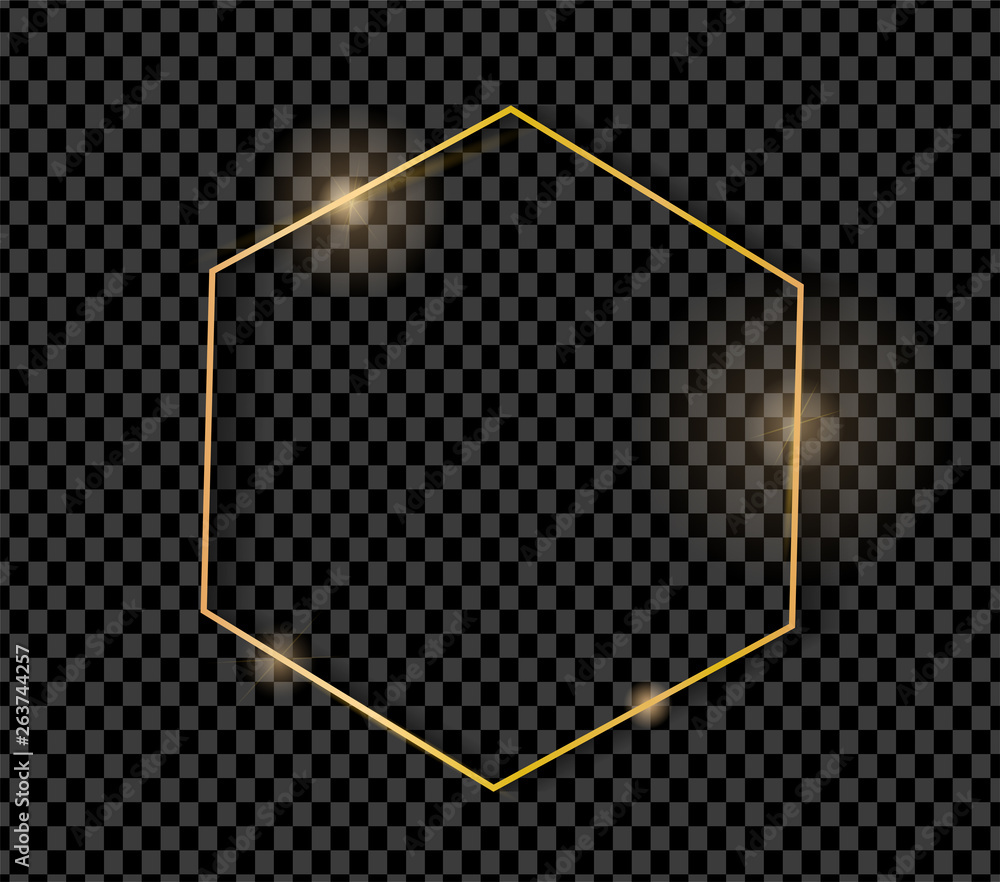 Gold shiny glowing vintage hexagon frame with shadows isolated on