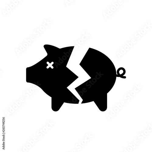 Broken piggy bank silhouette icon. Clipart image isolated on white background