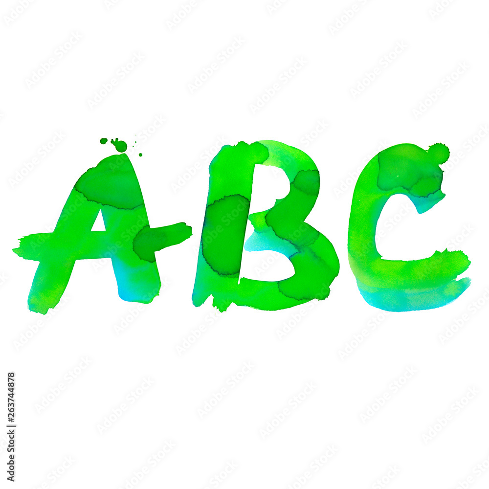 Watercolor letters ABC. Hand writing green and blue gradient symbols of ...