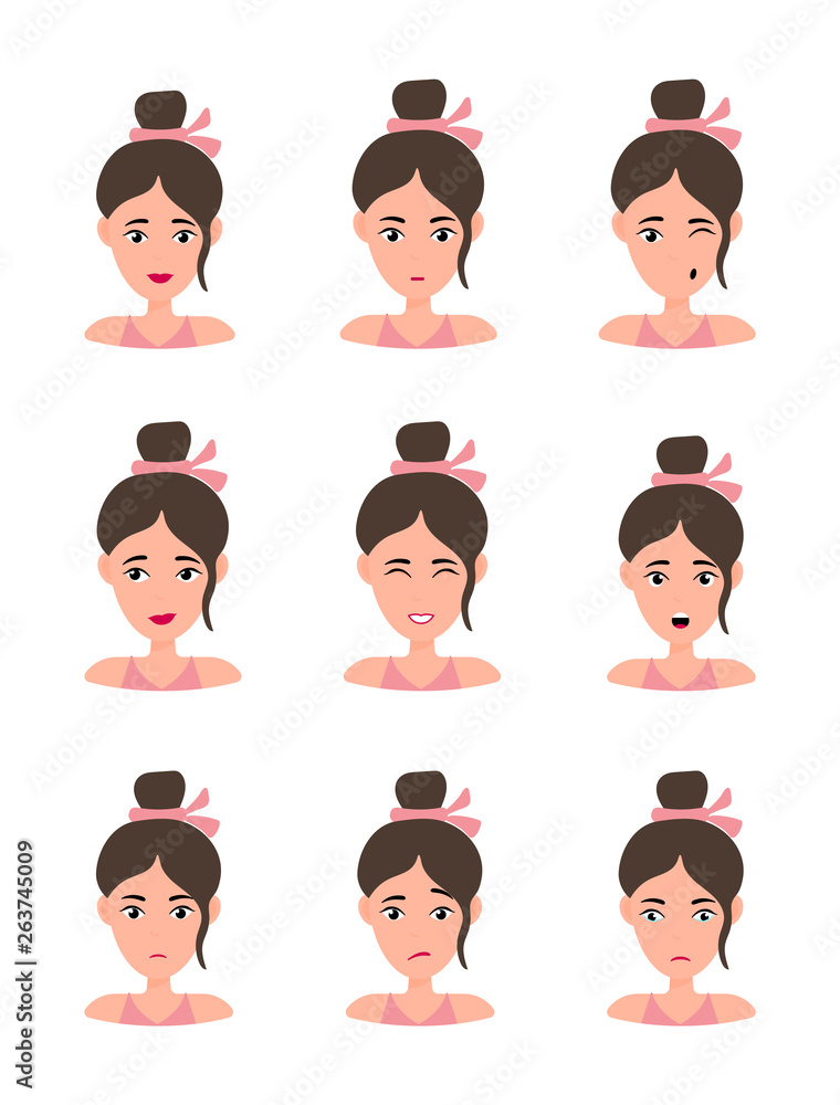 Female young character face set with different emotion. Brunette girl with happy, angry, unhappy, laughing, scared, wow, fun emotions. Vector Illustration Female young character face set with different emotion. Brunette girl with happy, angry, unhappy, laughing, scared, wow, fun emotions. Vector Illustration