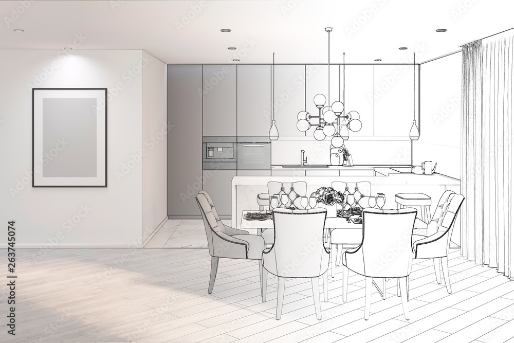 3d illustration. Sketch of modern dining room turns into a real interior