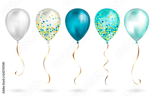 Set of 5 shiny realistic 3D teal helium balloons for your design. Glossy balloons with glitter and gold ribbon, perfect decoration for birthday party brochures, invitation card or baby shower