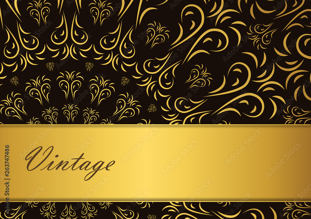 Golden mandala design on black background. Decorative floral template for greeting card, invitation or banner.