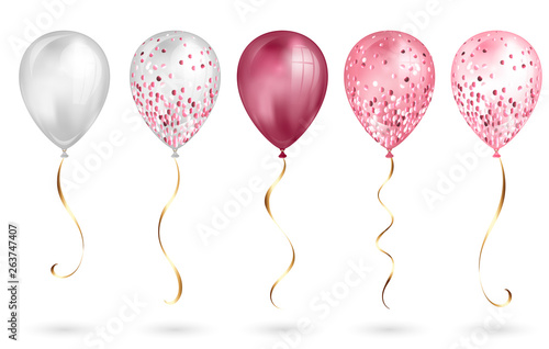 Set of 5 shiny pink realistic 3D helium balloons for your design. Glossy balloons with glitter and gold ribbon, perfect decoration for birthday party brochures, invitation card or baby shower