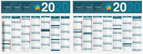 Calendrier 2020 14 mois avec vacances scolaires officielles au format 320 x 420 mm recto verso entièrement modifiable via calques et texte arial