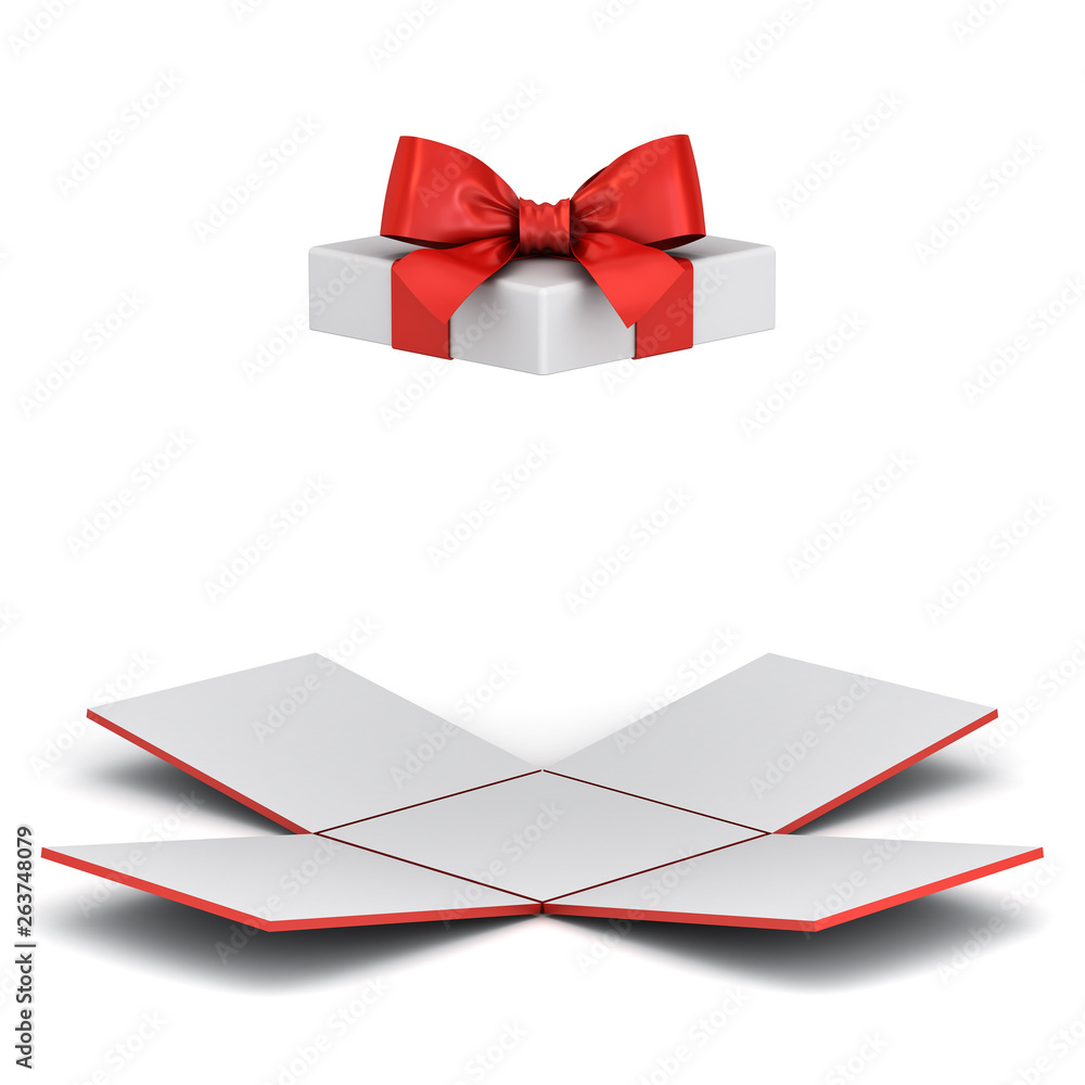 Open gift box or unfold present box with red ribbon bow isolated on