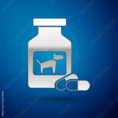 Silver Dog medicine bottle and pills icon isolated on blue background. Container with pills. Prescription medicine for animal. Vector Illustration