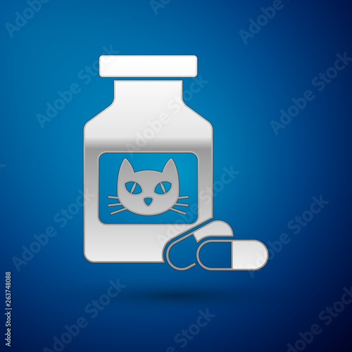 Silver Cat medicine bottle and pills icon isolated on blue background. Container with pills. Prescription medicine for animal. Vector Illustration