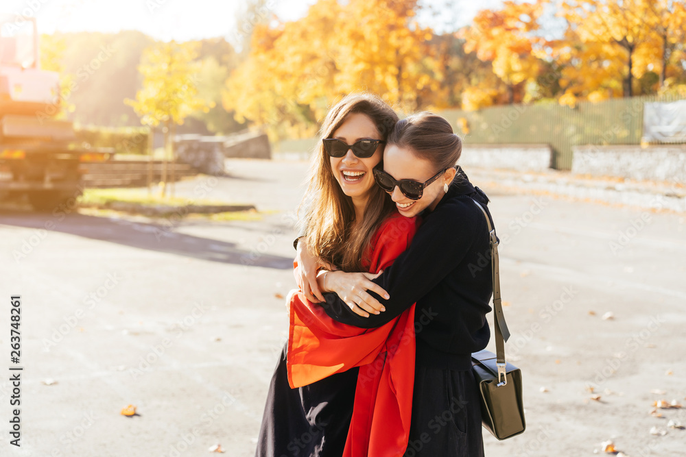 Fototapeta premium Portrait two beautiful happy girlfriends in the park.