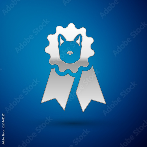 Silver Dog award symbol icon isolated on blue background. Medal with dog footprint as pets exhibition winner concept. Vector Illustration