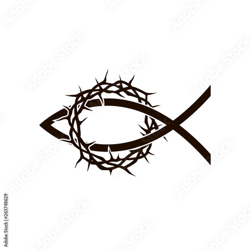 black crown of thorns with fish icon isolated on white background 