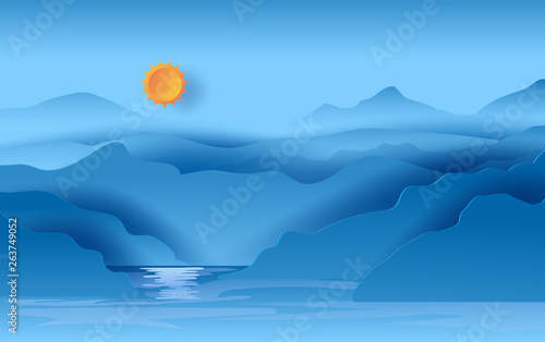 illustration of Landscape View of mountains blue sky sunlight beautiful in lake.Hot Summer season lake scenic view poster and card.Creative design paper cut and craft monochrome landscape.vector art
