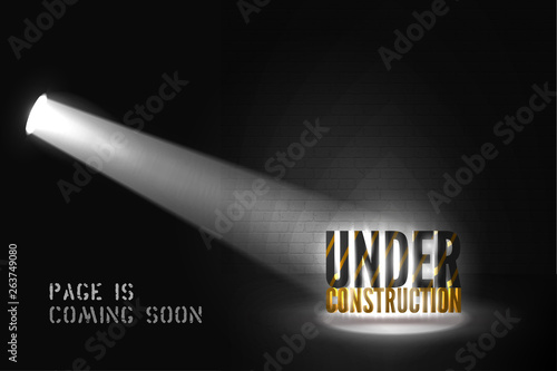 Under construction warning in searchlight on black background. Web site banner with 3d text on scene