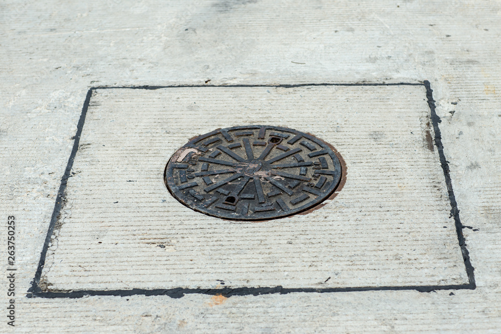 Close up Grille drain of sewer around the street or walkway . Water recirculation system. Wastewater treatment.