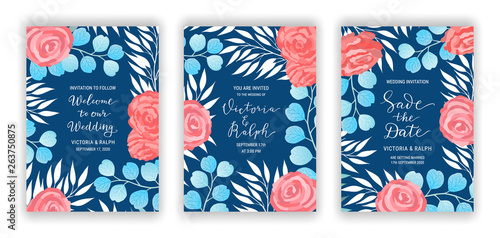 Invitation card template vector set. Elegant blue eucalyptus branches, leaves, coral ranunculus flower background. Welcome to our wedding, Save the date hand-drawn gold lettering phrase inscription