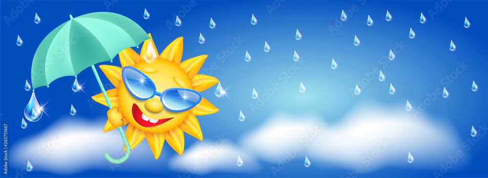 Sun in glasses with umbrella and rain drops Sun in glasses with umbrella and rain drops