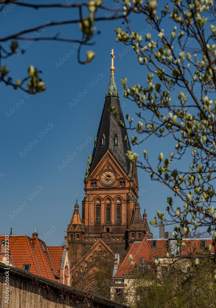 Red church in spring sunny morning in Zwickau city in Germany