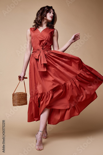 Pretty beautiful sexy elegance woman skin tan body fashion model glamor pose wear trend dress casual clothes party summer collection makeup hair style brunette success accessory jewelry studio.