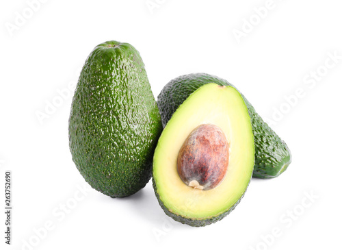 Ripe avocados isolated on white background. Vegetarian food
