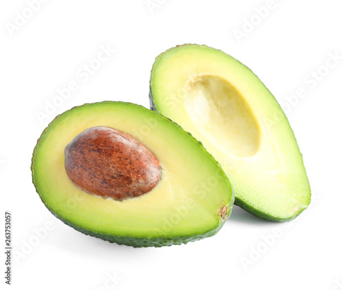 Ripe cut avocado isolated on white background. Healthy food