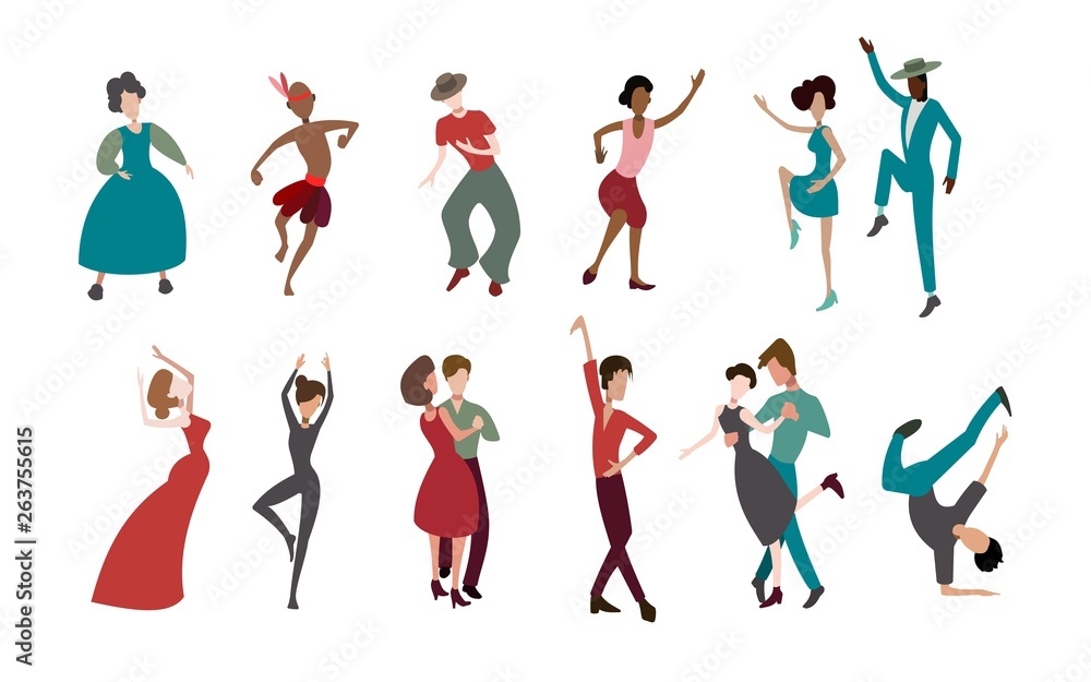 dancers in different genres of music, people of different ages and different races dance, set dancers in different genres of music, people of different ages and different races dance, set