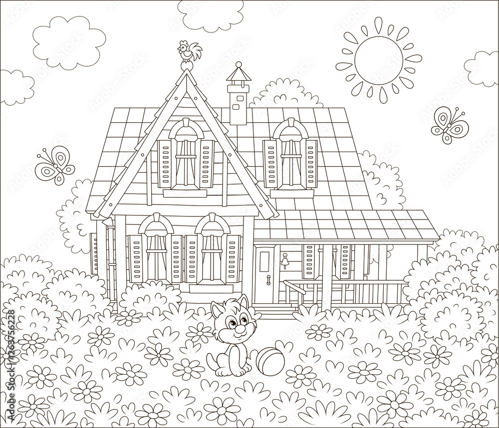 Village house and a small kitten playing with butterflies among flowers on grass of a lawn, black and white vector illustration in a cartoon style for a coloring book