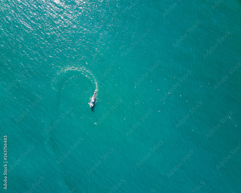 Top down aerial of fishing boat Top down aerial of fishing boat