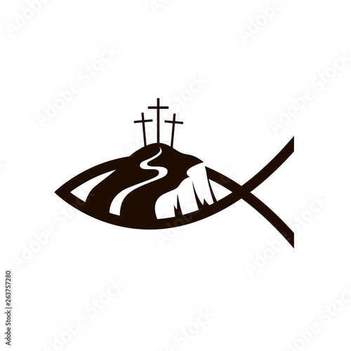 black jesus fish and golgotha icon isolated on white background 