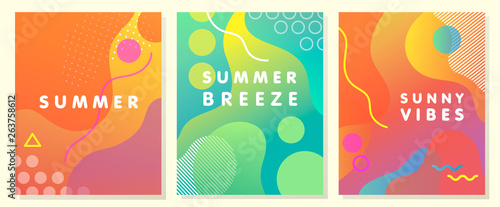 Unique artistic summer cards with bright gradient background,shapes and geometric elements in memphis style.Abstract design cards perfect for prints,flyers,banners,invitations,special offer and more.