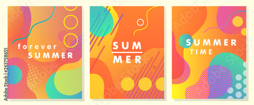 Unique artistic summer cards with bright gradient background,shapes and geometric elements in memphis style.Abstract design cards perfect for prints,flyers,banners,invitations,special offer and more.