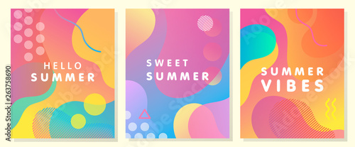 Unique artistic summer cards with bright gradient background,shapes and geometric elements in memphis style.Abstract design cards perfect for prints,flyers,banners,invitations,special offer and more.