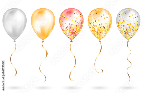 Set of 5 shiny gold and pink realistic 3D helium balloons for your design. Glossy balloons with glitter and gold ribbon, perfect decoration for birthday party brochures, invitation card or baby shower