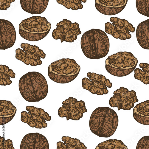 Seamless pattern of walnuts on white background.