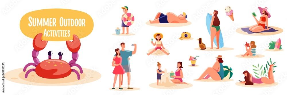 Crowd of people performing summer outdoor activities on the beach - walking dogs, surfing, sunbathing. Group of male and female flat cartoon characters isolated on white background