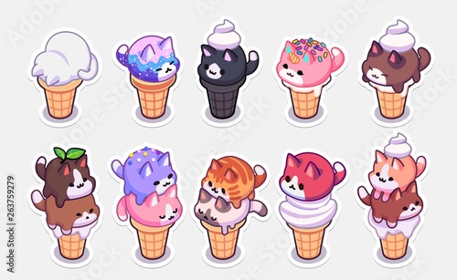 kawaii ice cream cats stickers. ice cream with different balls in the form of round kittens in the waffle cone. Funny stickers for your design.