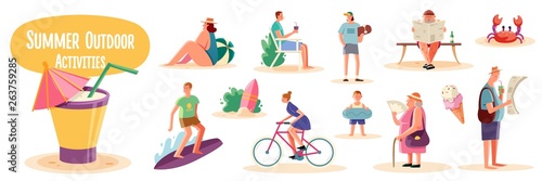 Crowd of people performing summer outdoor activities - riding bicycle, skateboarding. Group of male and female flat cartoon characters isolated on white background. Vector illustration.