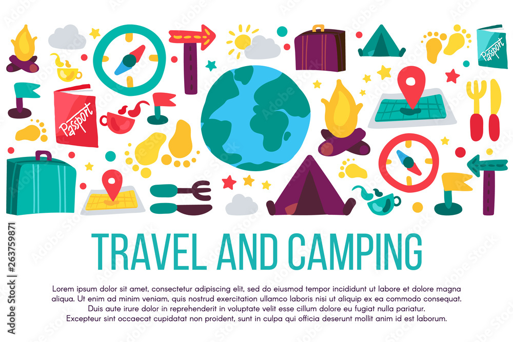 Travel and camping flat banner with text space Travel and camping flat banner with text space