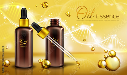 Oil essence in brown glass bottles with pipette and yellow liquid in droplets, spots. Oily cosmetics, natural vitamins cosmetic product, poster, promo ad. Realistic 3d vector illustration, banner.