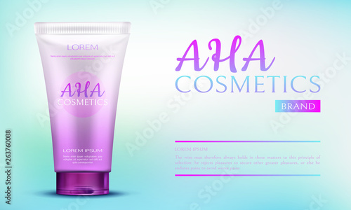 Aha cosmetics beauty product in pink tube container on blue gradient advertising background. Luxury vitamin skin care cosmetic cream, ad mock up template. Realistic 3d vector illustration, banner.
