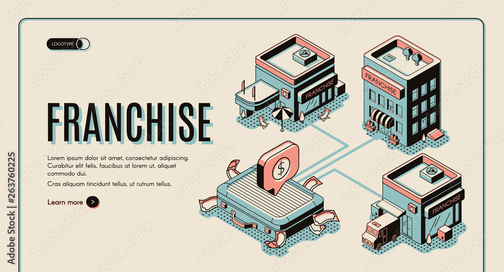 Φωτογραφία Franchise business start isometric banner on retro colored background