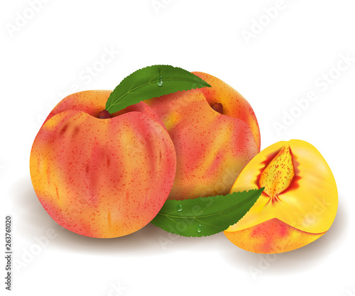 Realistic Ripe peaches whole and slice, green leaves with drops. Juicy fruit 3d illustration high detail isolated on white background. Vector