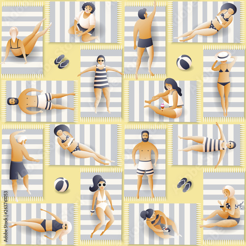 Seamless pattern with people on the beach. Flat vector illustration. Summer holiday in the resort, sunbathing girls and boys on rugs and mats.