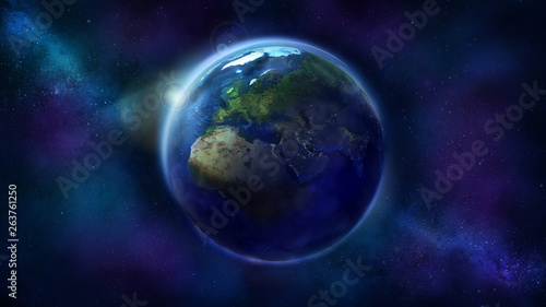 Realistic Earth from space showing Africa  Europe and Asia.
