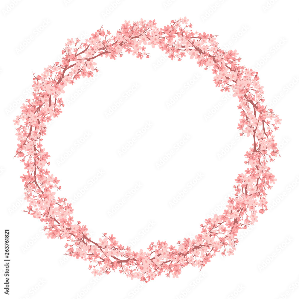 blooming cherry tree branches wreath - vector circle frame made of pink sakura flowers blooming cherry tree branches wreath - vector circle frame made of pink sakura flowers
