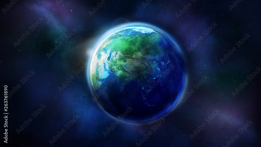 Obraz premium Realistic Earth from space showing Asia. Globe is half illuminated by the sun.