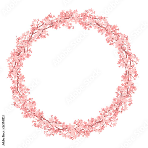 blooming cherry tree branches wreath - vector circle frame made of pink sakura flowers