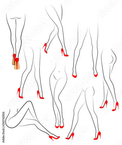 Collection. Silhouette figure of a lady. Slender legs of a young girl in red shoes. A woman stands, goes, sits. Set of vector illustrations
