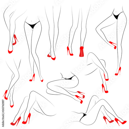 Collection. Silhouette figure of a lady. Slender legs of a young girl in red shoes. A woman stands, goes, sits. Set of vector illustrations