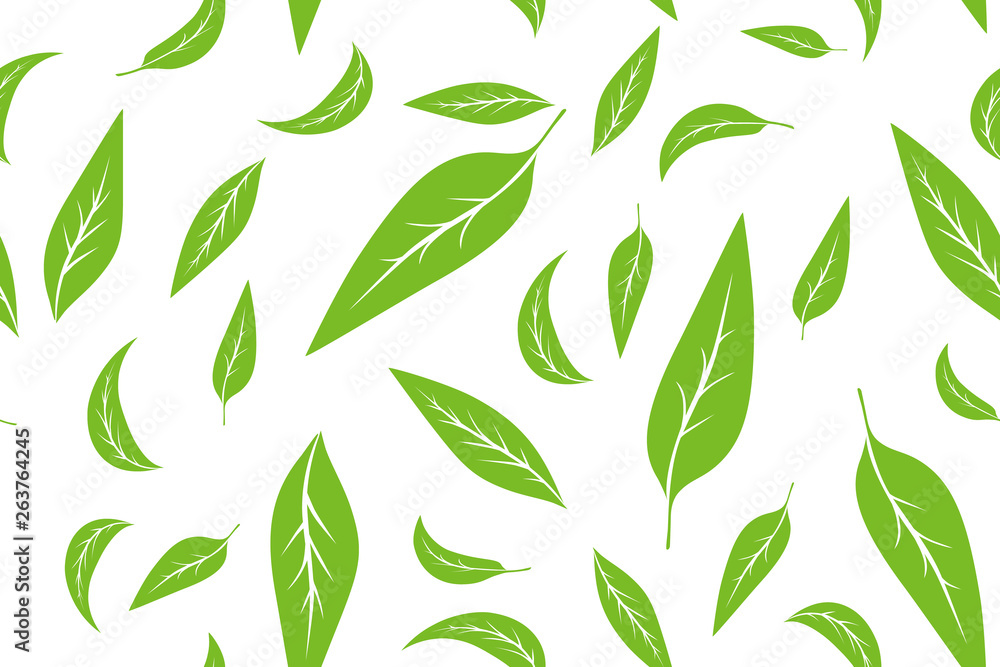 Seamless pattern with green tea leaves on white background. Hand painting on paper. May used in fabric, wrapping paper. Vector illustration. Seamless pattern with green tea leaves on white background. Hand painting on paper. May used in fabric, wrapping paper. Vector illustration.