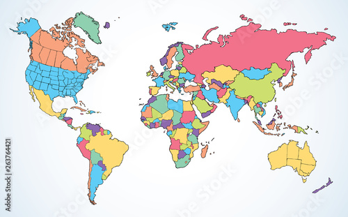 World map. Continents with the contours of the countries. Vector drawing